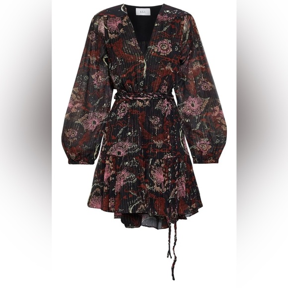 A.L.C. Silk Printed Esme Dress Long Sleeves Brown Multi 2 6 NWT - Picture 4 of 9